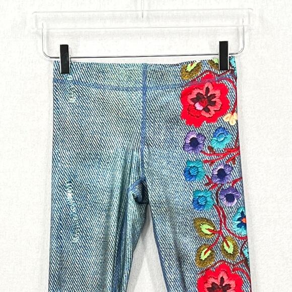 TEREZ Floral Embroidery Denim Print Leggings Womens XS Pull On Low Rise Ankle - Picture 5 of 14